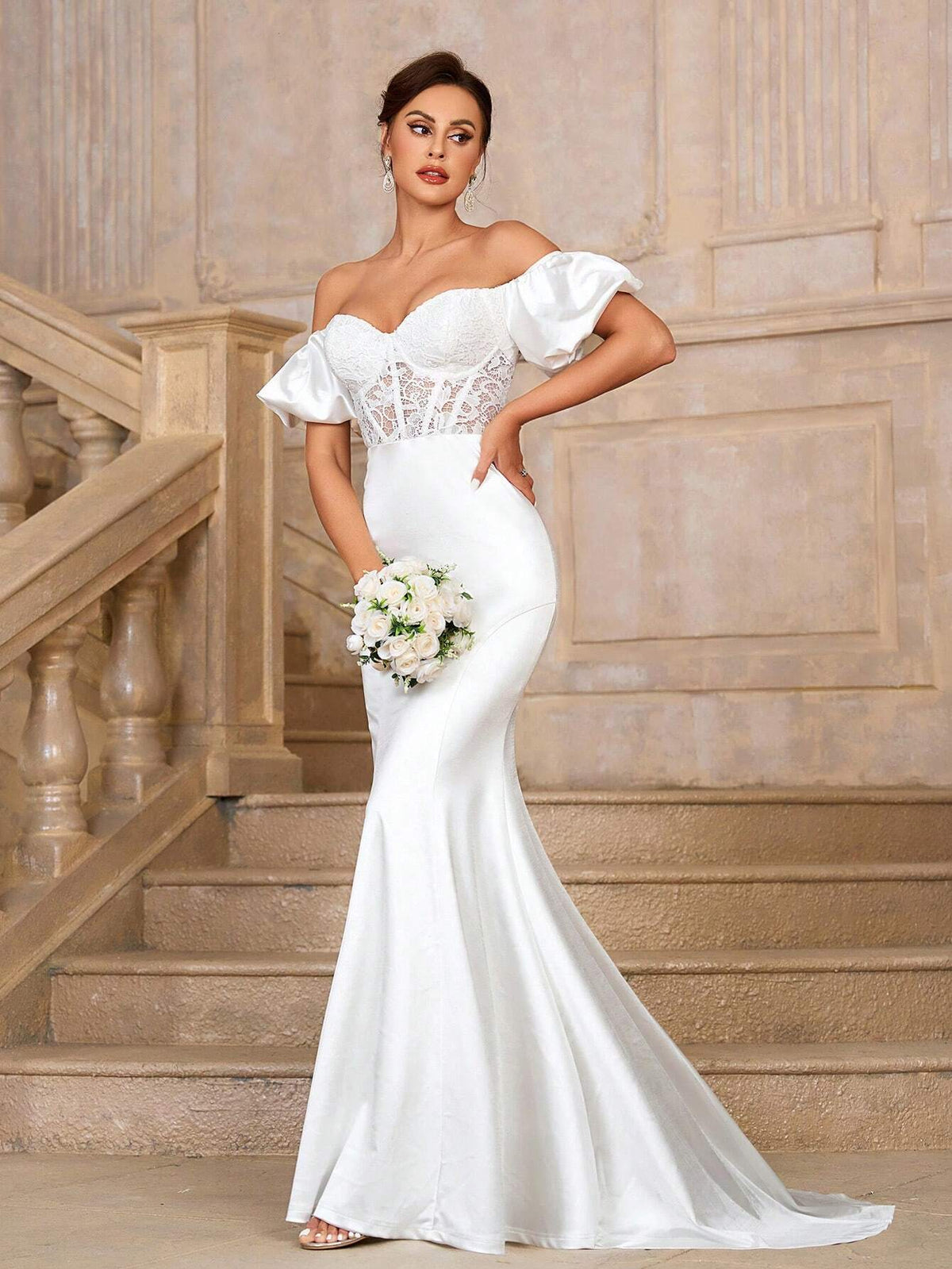 Elegant, Gorgeous, White Sexy Off-Shoulder Lace Wedding Dress, Dropped Shoulder Herringbone And Lace Decoration, Extra Long Train Wedding Dress For Wedding Prom Party