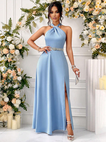 Elegant Halter Sleeveless High Waist Embellishment Bridesmaid Dress Sisters Evening Dress Party Wedding Season Blue Long Dress
