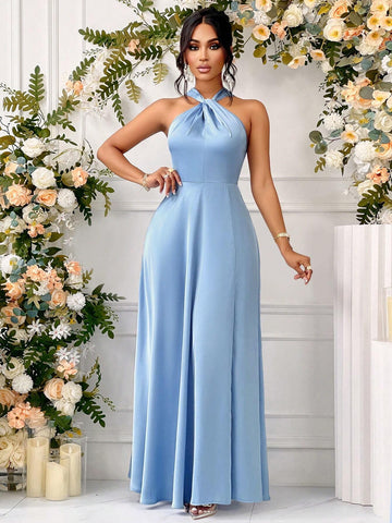 Elegant Halter Sleeveless High Waist Embellishment Bridesmaid Dress Sisters Evening Dress Party Wedding Season Blue Long Dress