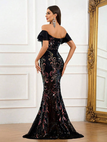 Elegant Off Shoulder Strapless Dress With Ruffles, Mesh And Luxurious Glittering Beads.