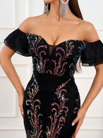 Elegant Off Shoulder Strapless Dress With Ruffles, Mesh And Luxurious Glittering Beads.