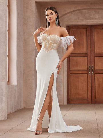 Elegant White Strapless Lace & Satin Patchwork Dress, With Feather Decoration And Side Slit Fish Tail Hem. Perfect For Formal Occasions Such As Prom, Wedding And Evening Party. (Note: Sleeve Decoration Is Real Feathers)