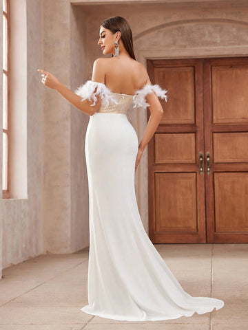 Elegant White Strapless Lace & Satin Patchwork Dress, With Feather Decoration And Side Slit Fish Tail Hem. Perfect For Formal Occasions Such As Prom, Wedding And Evening Party. (Note: Sleeve Decoration Is Real Feathers)