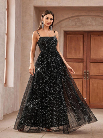 Gorgeous Black And Silver Polka Dot Tulle Fabric Spaghetti Strap With High Slit In Inner Layer And Flared Outer Layer Suitable For Formal Dinners And Events Women's Small Size For Back-To-School Prom Evening Dress