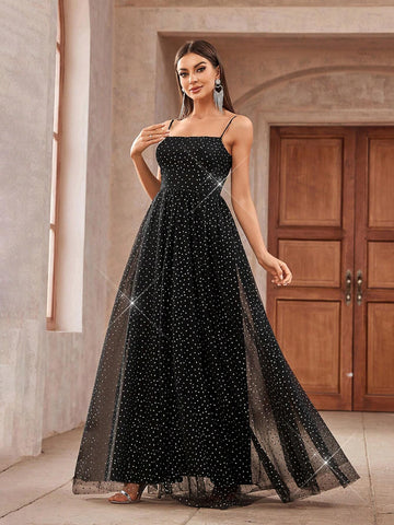 Gorgeous Black And Silver Polka Dot Tulle Fabric Spaghetti Strap With High Slit In Inner Layer And Flared Outer Layer Suitable For Formal Dinners And Events Women's Small Size For Back-To-School Prom Evening Dress