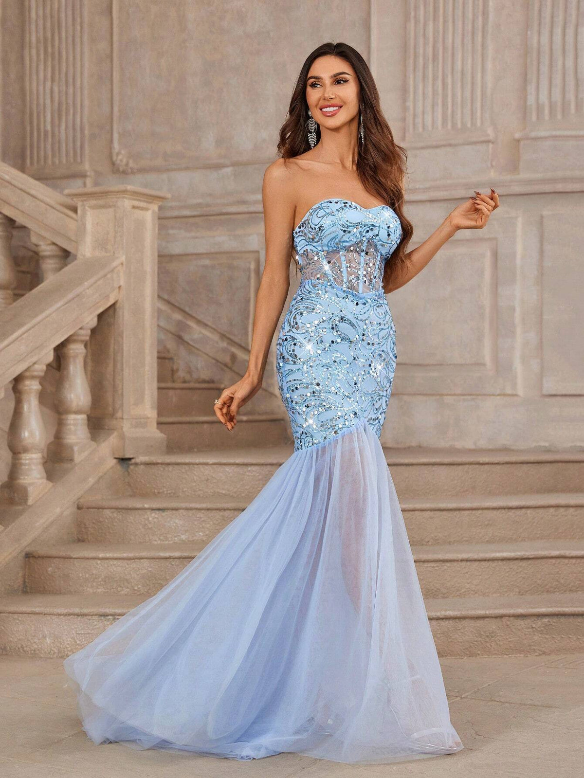 Gorgeous Strapless Neckline Design With Waist Cutout, Sheer Panel Insertions, Embroidery And Beads Decoration, Mesh And Shiny Fish Tail Skirt, Perfect For Evening Party Formal Event.