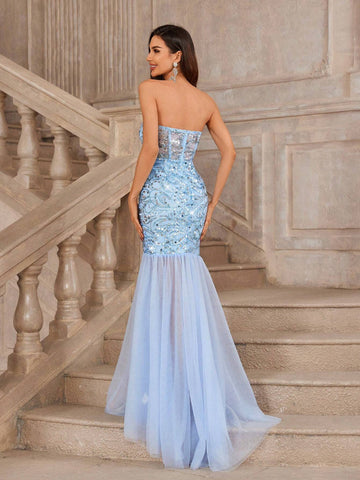 Gorgeous Strapless Neckline Design With Waist Cutout, Sheer Panel Insertions, Embroidery And Beads Decoration, Mesh And Shiny Fish Tail Skirt, Perfect For Evening Party Formal Event.