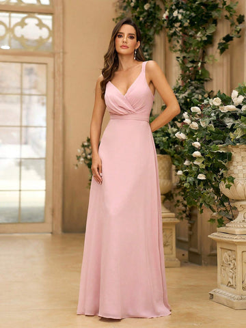 Ladies' Elegant And Conservative Bridesmaid Dress In Lotus Pink, Featuring Ruched Chiffon Fabric, V-Neckline, Ruched A-Line Skirt, Open Back Design With U-Shaped Crossed Straps And Bowtie For Wedding And Formal Occasions