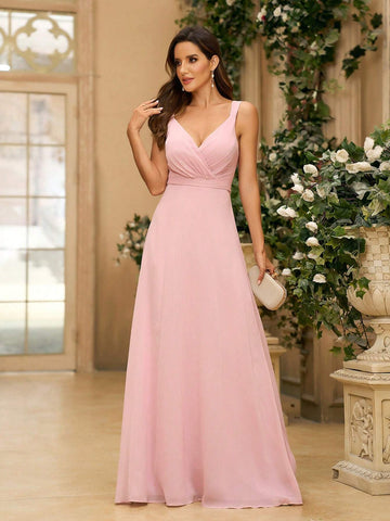 Ladies' Elegant And Conservative Bridesmaid Dress In Lotus Pink, Featuring Ruched Chiffon Fabric, V-Neckline, Ruched A-Line Skirt, Open Back Design With U-Shaped Crossed Straps And Bowtie For Wedding And Formal Occasions
