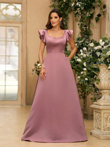 Ladies' Simple And Conservative Dusty Pink Satin Chiffon Dress With Sweetheart Neckline And Short Sleeves, Suitable For Wedding Season, Holidays, And Formal Bridesmaid Dresses