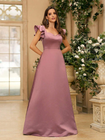 Ladies' Simple And Conservative Dusty Pink Satin Chiffon Dress With Sweetheart Neckline And Short Sleeves, Suitable For Wedding Season, Holidays, And Formal Bridesmaid Dresses