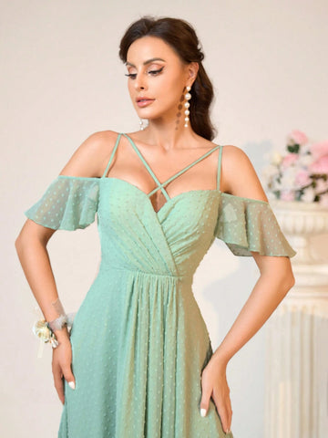 Romantic And Elegant Grass With Double Shoulder Straps Sweetheart Neckline Ruffle Sleeves Bridesmaid Dress