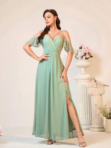 Romantic And Elegant Grass With Double Shoulder Straps Sweetheart Neckline Ruffle Sleeves Bridesmaid Dress