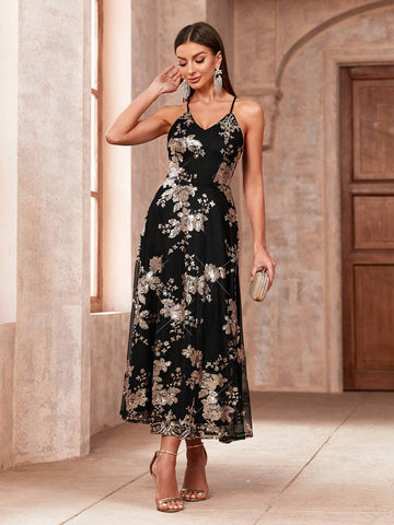 Sparkly Flower Pattern Casual Spaghetti Strap Party Dress