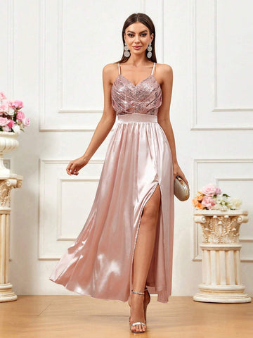Sparkly Slit Elegant And Stylish Banquet Matching Bridesmaid Dress With Straps
