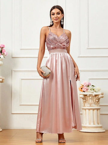 Sparkly Slit Elegant And Stylish Banquet Matching Bridesmaid Dress With Straps