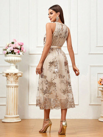Women Glitter Decorated Off-Shoulder Waist Belt Evening Dress