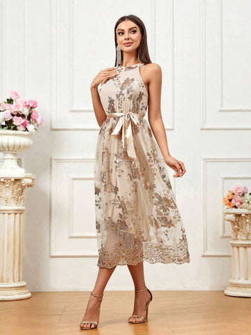 Women Glitter Decorated Off-Shoulder Waist Belt Evening Dress