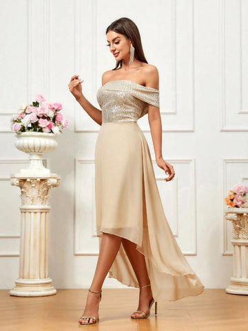 Women Glittering Off Shoulder Dress With Asymmetrical Hem For Evening Party