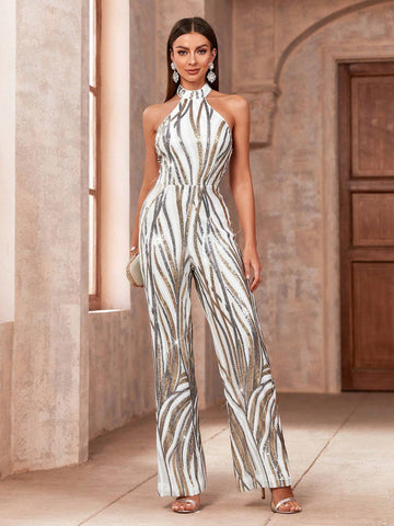 Women's Shiny Sequin Zebra Print Halter Neck Jumpsuit