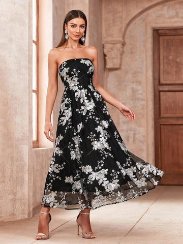 Women's Strapless Printed Fashionable Cocktail Dress