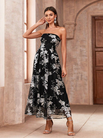 Women's Strapless Printed Fashionable Cocktail Dress