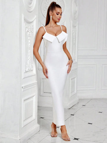 Women's White Bandage Dress With Ruffled Hem, Bridesmaid's Dress