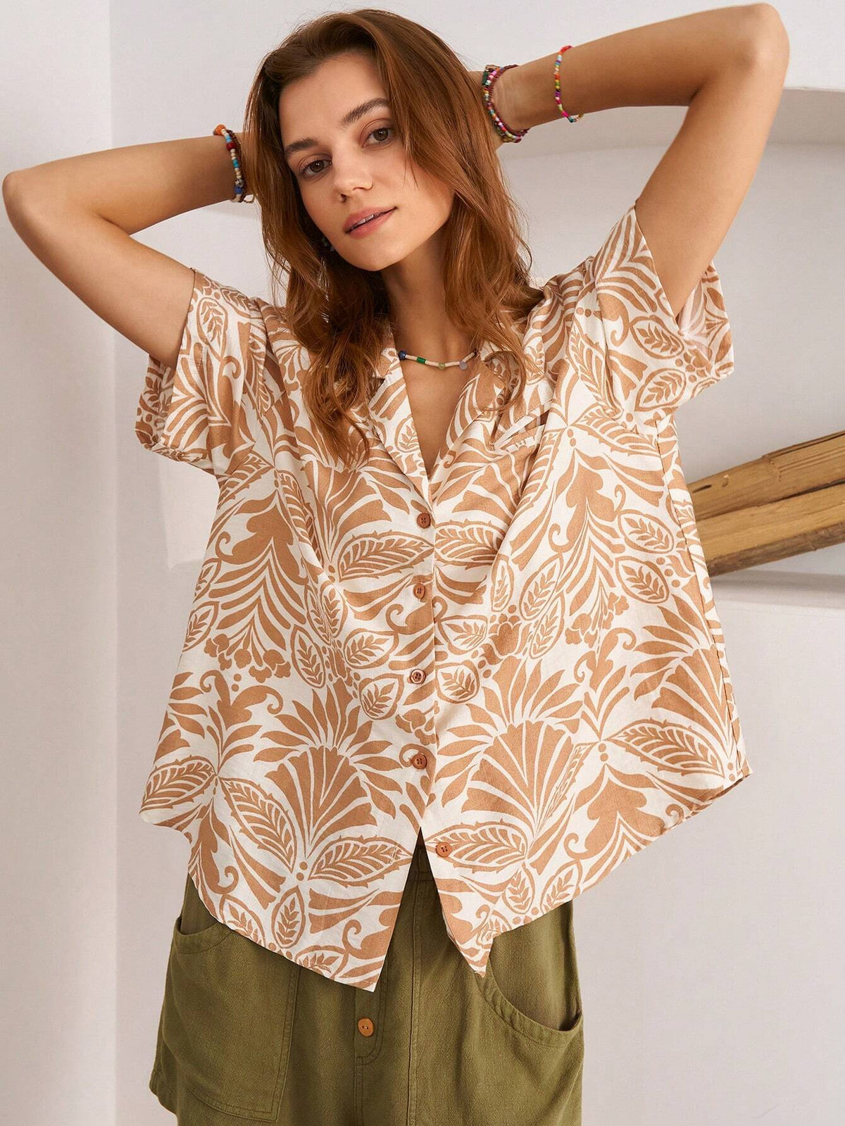 ohoFeels Vacation Floral Print Turn-Down Collar Loose Fit Women Shirt With Dropped Shoulder