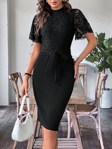 Contrast Lace Belted Bodycon Dress