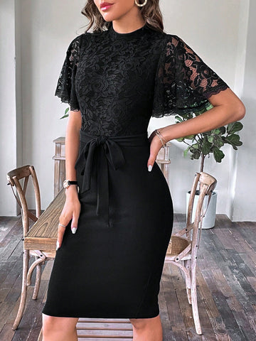 Contrast Lace Belted Bodycon Dress