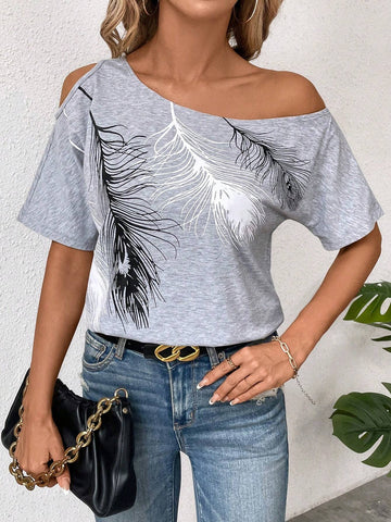 Clasi Women Feather Printed Off Shoulder Short Sleeve T-Shirt For Summer