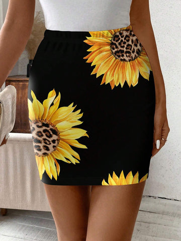 Clasi Women Leopard & Sunflower Printed Vacation Casual Slim Fit Skirt
