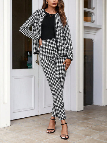 Women's Houndstooth Jacket And Trousers Two-piece Set