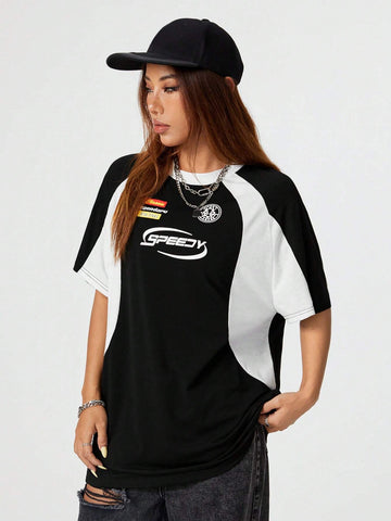 Coolane Ladies Short Sleeve Round Neck Oversized Tee Shirt With Printed Racing Car Letter