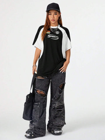 Coolane Ladies Short Sleeve Round Neck Oversized Tee Shirt With Printed Racing Car Letter