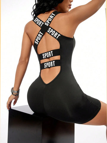 Letter Ribbed Bandage Backless Jumpsuit, Women Fitness Jumpsuit