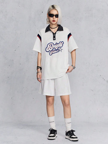 Polo Collar Contrast Color Street-Style Fashionable Playful Alphabet Print Top And Shorts Set