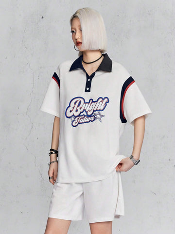 Polo Collar Contrast Color Street-Style Fashionable Playful Alphabet Print Top And Shorts Set