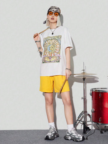 Women's Summer Loose T-Shirt & Shorts Set With Star, Moon, Music Festival & Letter Print