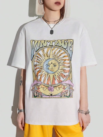Women's Summer Loose T-Shirt & Shorts Set With Star, Moon, Music Festival & Letter Print