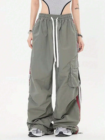 Coolane Y2K Cargo Pants Women Fashion Wide Leg Casual Pants Loose Striped Sports Sweatpants Drawstring Parachute Pantsh Trousers