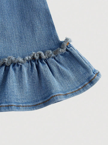 Cute Ruffled Hem Old-Fashioned Water Washed Distressed Bell-Bottom Jeans For Little Girls Music Festivals