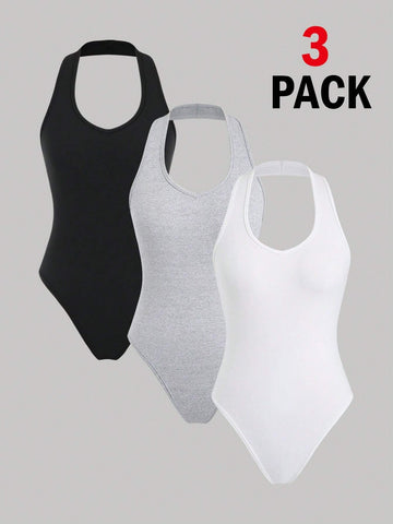 3pcs V-Neck Halter Bodysuit Set