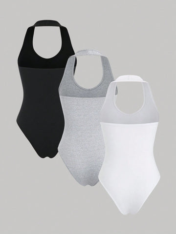 3pcs V-Neck Halter Bodysuit Set