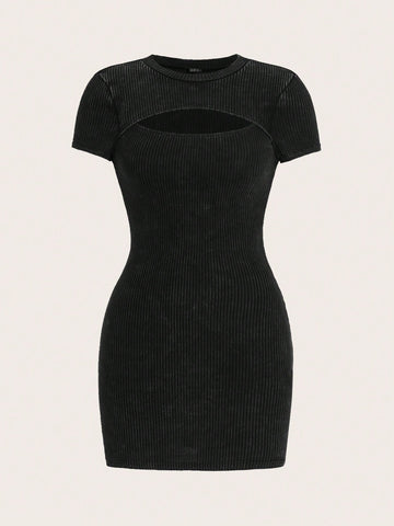 EZwear Black Knitted Hollow Out Bodycon Dress For Women