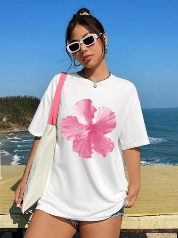 EZwear Casual Simple Flower Pattern Round Neck Short Sleeve Oversized Women T-Shirt
