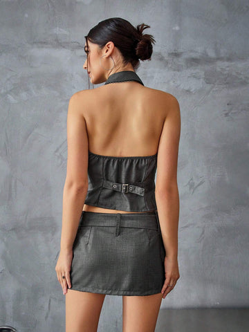 Fashionable Cool Girl Grey Sleeveless Backless Top With Detachable Neck Tie, Wide Waist Belt And Skirt
