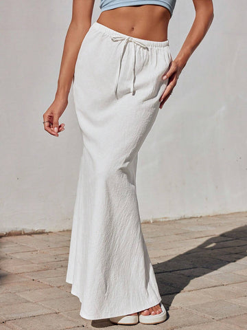 EZwear Spring And Summer Vacation White Cotton And Linen Mermaid Long Skirt