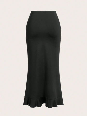 EZwear Spring Summer Casual Solid Color Ruffle Hem V-Waist Drawstring Pleated Tie Waist Slit Mermaid Hem Skirt