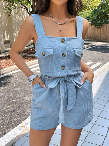 Summer Casual Vacation Haze Blue Wrinkled Cotton And Linen Loose Sleeveless Jumpsuit